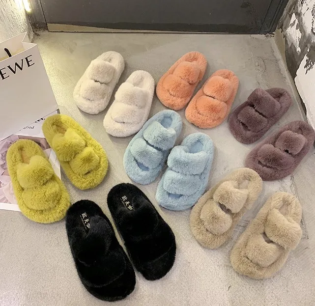 

QC-888-3 China wholesale slipper 2020 winter bedroom slippers flat multicolor rabbit fur open-toed slides slippers women, As the picture shows