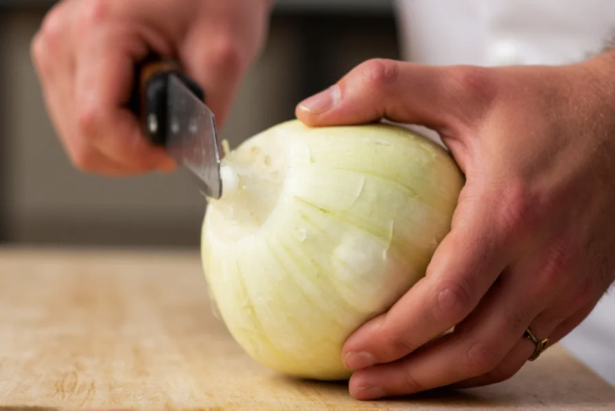 Chef's hands demonstrating proper grip on fennel bulb with sharp knife for precise cutting