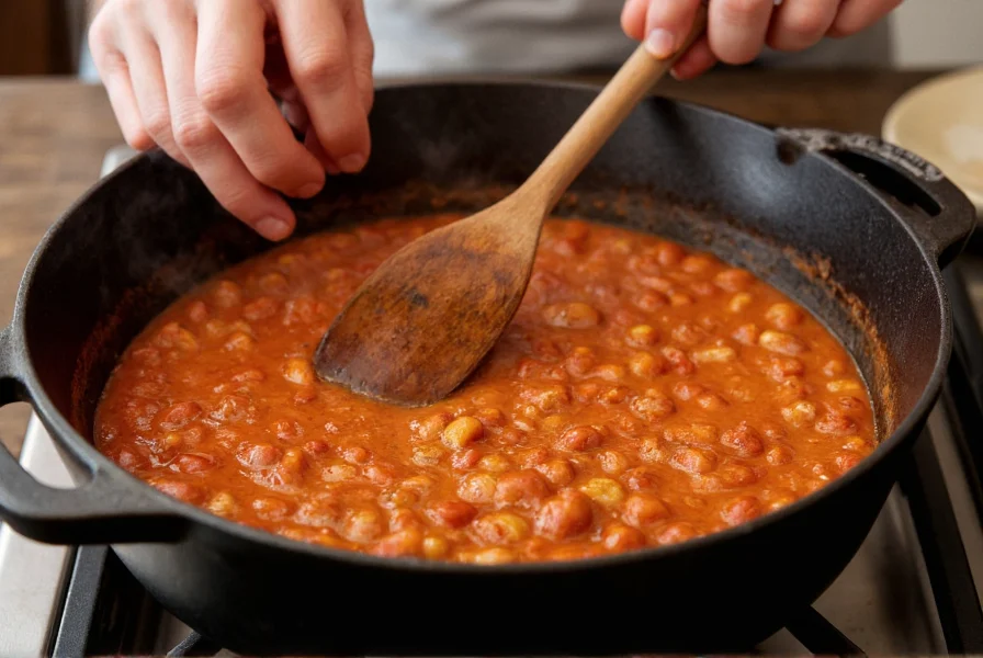 Chef stirring homemade chili starter in cast iron pot on stove
