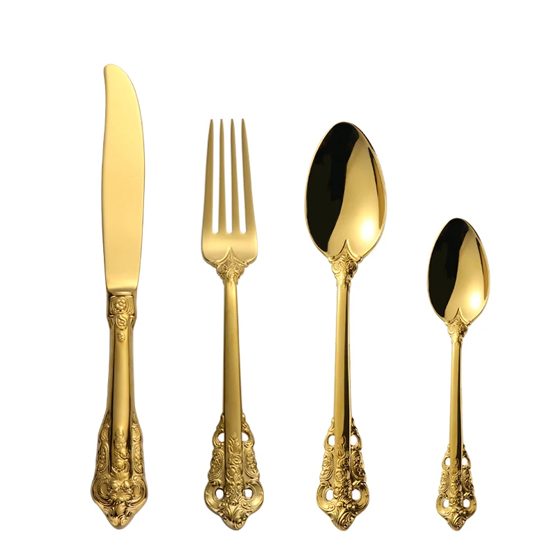 

Amazon Top seller Dinnerware set Noble classical palace Rose Gold stainless steel relief cutlery sets, Black/blue/purple/gold/silver/rose gold/no 0/no 3