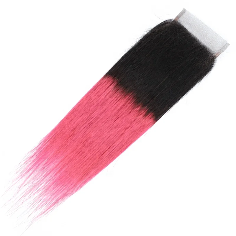 

100% human hair Brazilian cuticle aligned ombre color #1b/pink 4*4 silky straight lace closure, 1b/pink