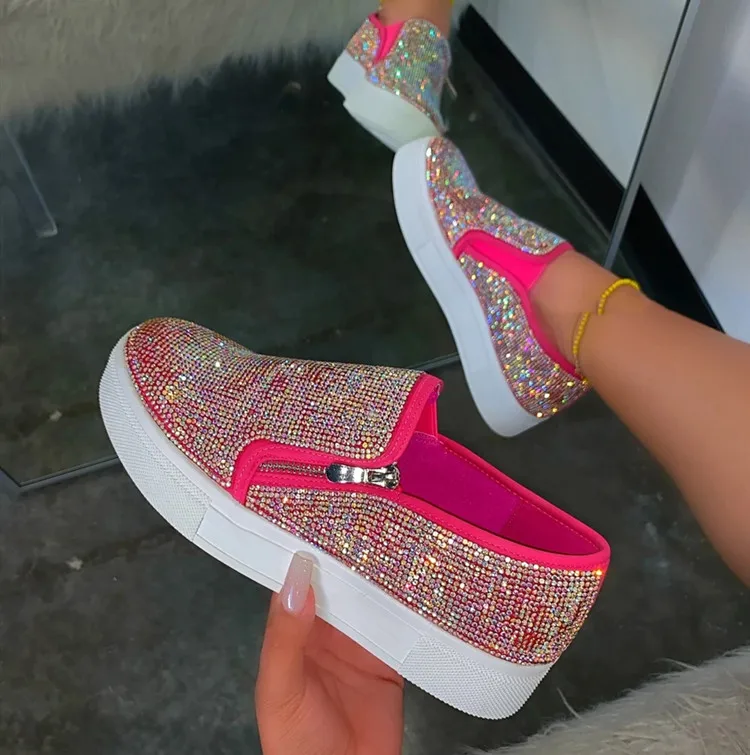 

2021 New Arrival Rhinestone Slip-on Entry Padded Insole PU sole Round Toe Crystal Thick Bottom Platform Sneakers, Pink,black,nude