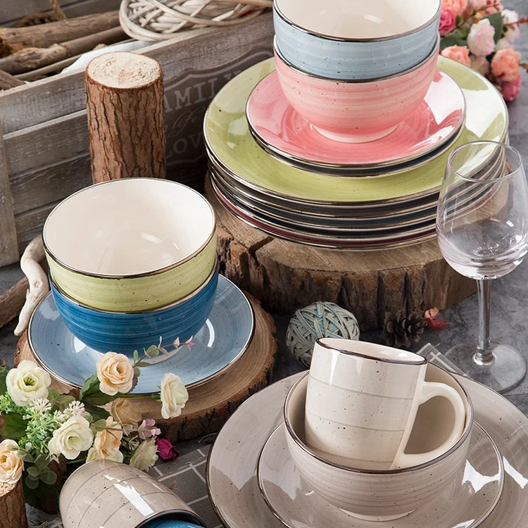 

Restaurant breakfast tableware round ceramic handpainted party plate with Brown rim, Customized