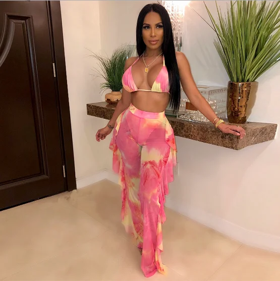 

Wholesale European and American women's summer hollow bikini flounces wide leg pants 2 piece set (including underwear), A variety of colors are available