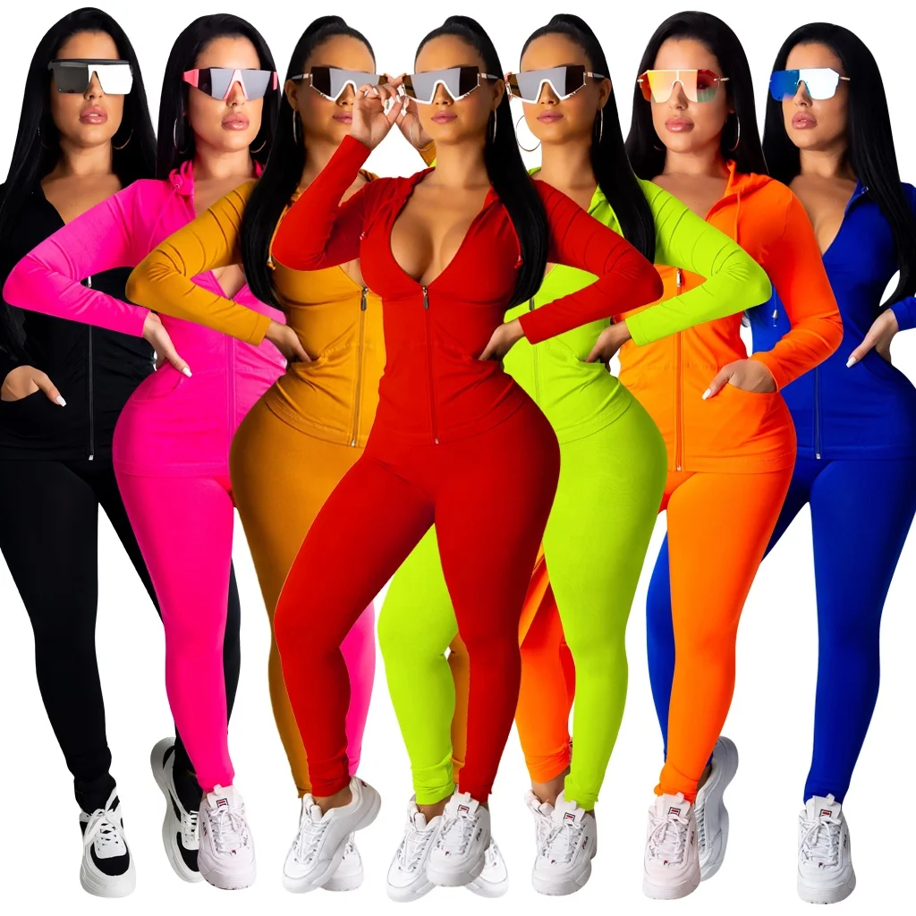 

Sexy Neon Orange Women Two Piece Outfits Sports Tracksuits Fall Long Sleeve Zipper Sweatshirt Sweatpants