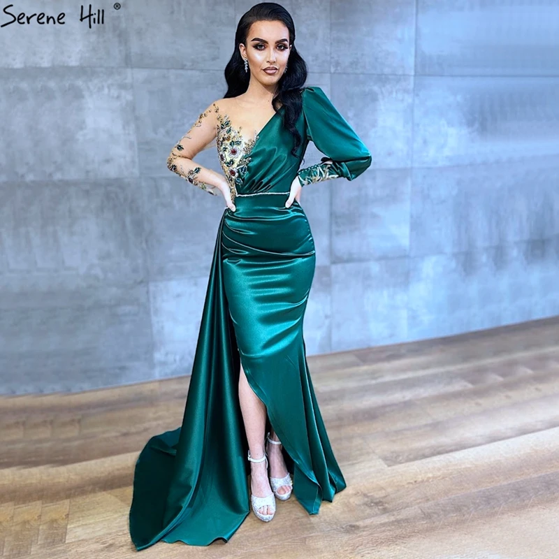 

Serene Hill Green Long Sleeves Satin Evening Dresses Women Mermaid Flowers Beading Formal Party Gowns With Train LA70509