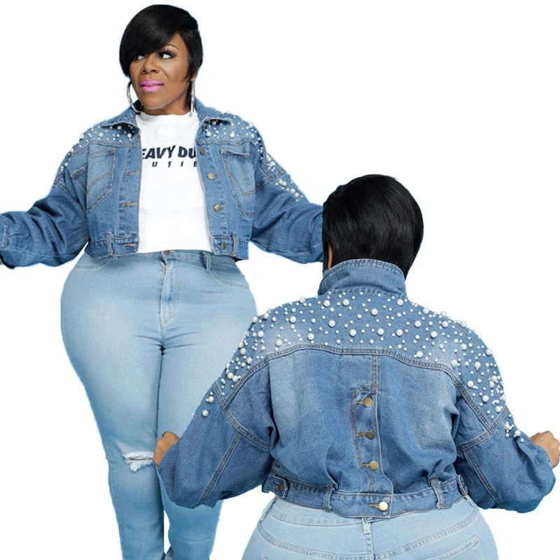

The latest autumn blue jean jackets womens long-sleeve loose plus size denim jackets coat pearl denim jackets women oversize