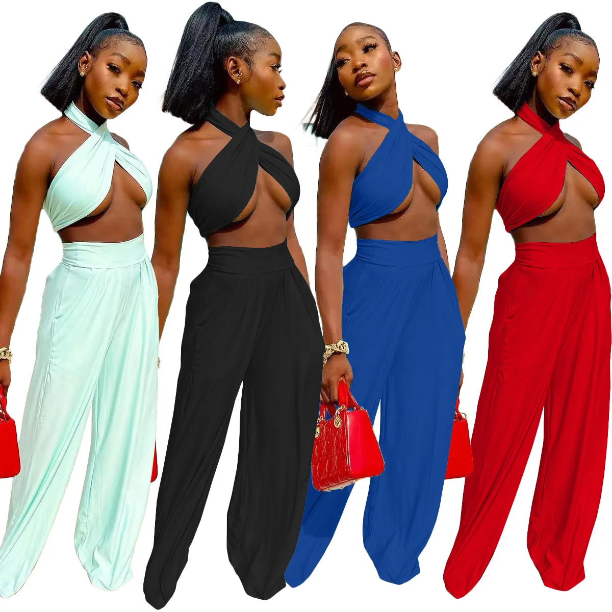 

Q71717 European and American women's wide leg pants two piece set sexy nightclub style suit