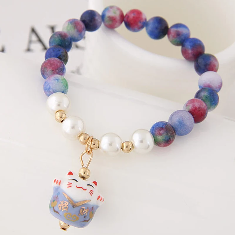 

New Arrival Colorful Beaded Cat Charm Bracelet Lucky Animal Korean Bracelet, As pictures show