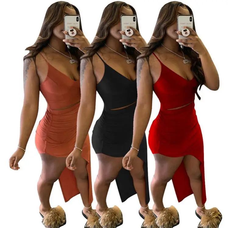 

FONDPINK Wholesale New 2021 Summer Solid Color Asymmetric Ladies Sexy Women Two Piece Skirts Set
