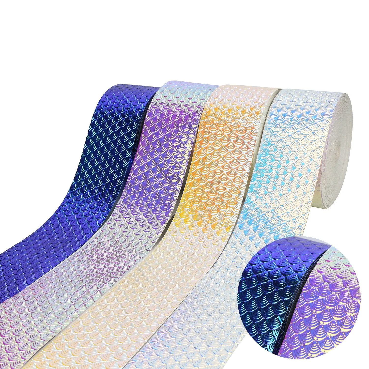 

Metallic Iridescent Mermaid Scale Mirror Laser 3" Ribbon Faux Leather Fabric For Bag Bows, Request