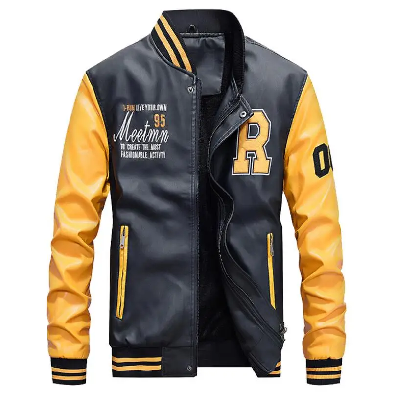 

PJ1992A Fashion embroider baseball jackets PU new men's leather coat, Red/yellow/navy/black/blue