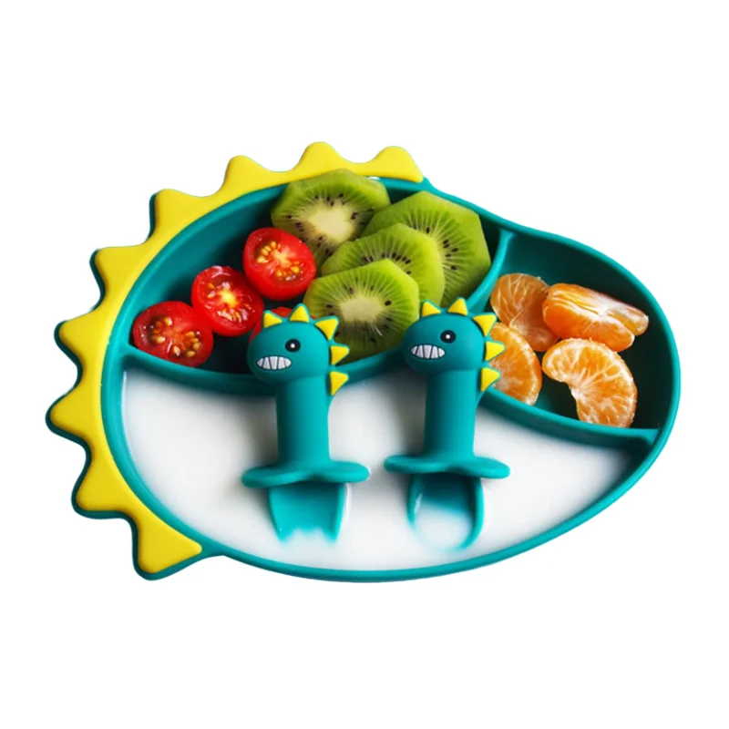 

Bpa Free Kids Feeding Baby Plates Suction Silicone With Spoon Fork, Green/blue/pink