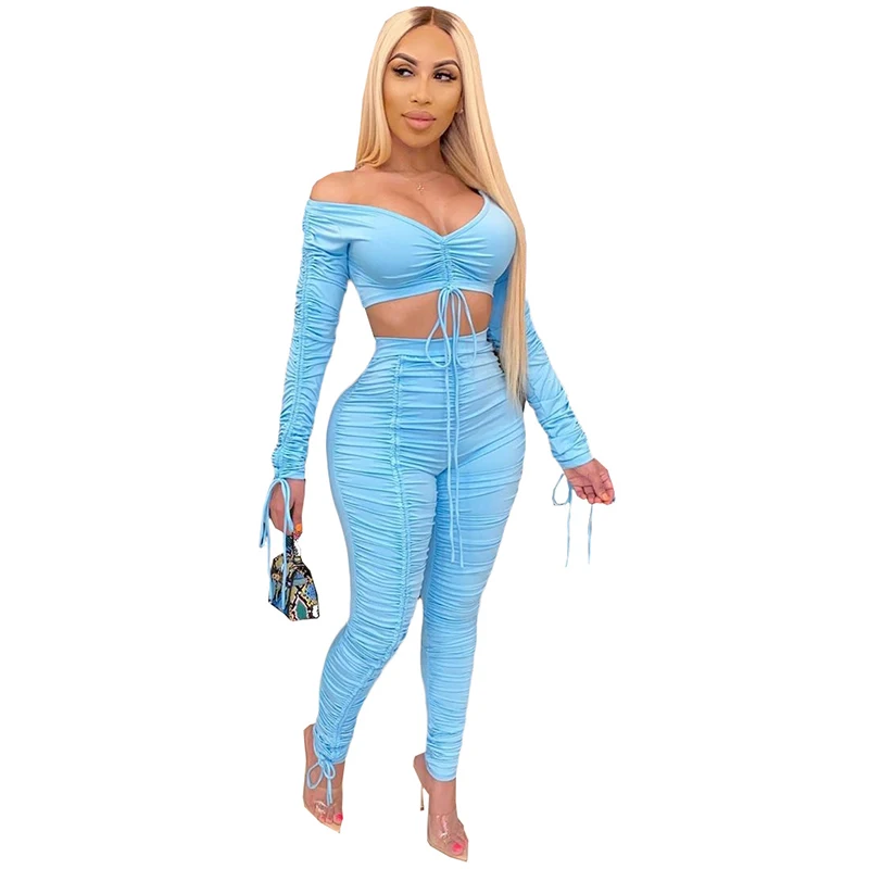 Women's Casual Bra Crop Top Thread Adjust With Ruched Pants Bodycon Two Piece Sets Outfits Two Piece Pants Sets