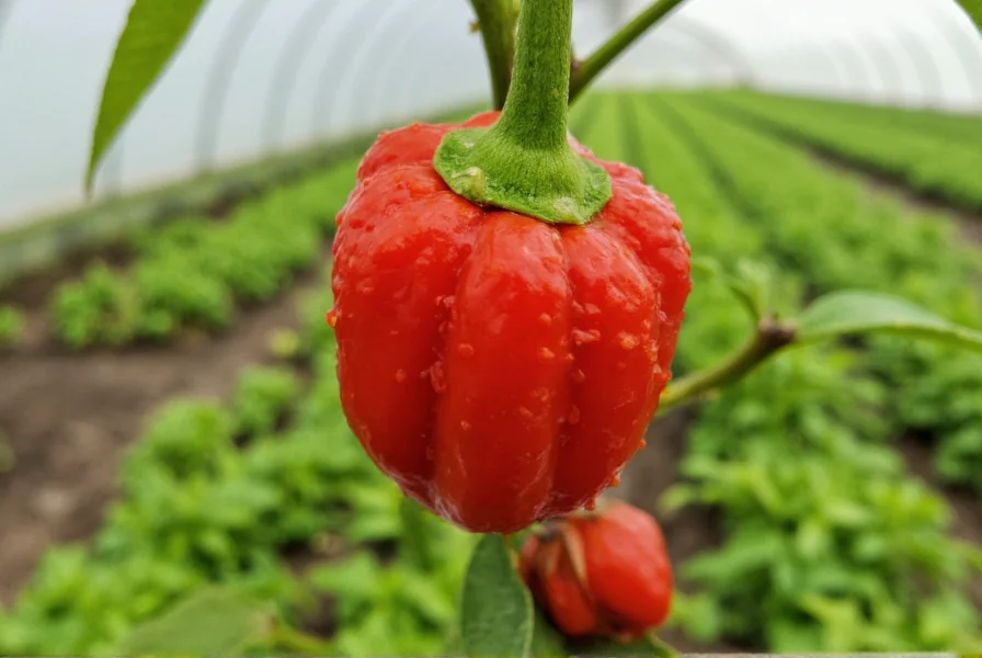 Close-up view of a mature Carolina Reaper pepper showing its distinctive red color and bumpy texture with small tail, growing on plant in greenhouse conditions