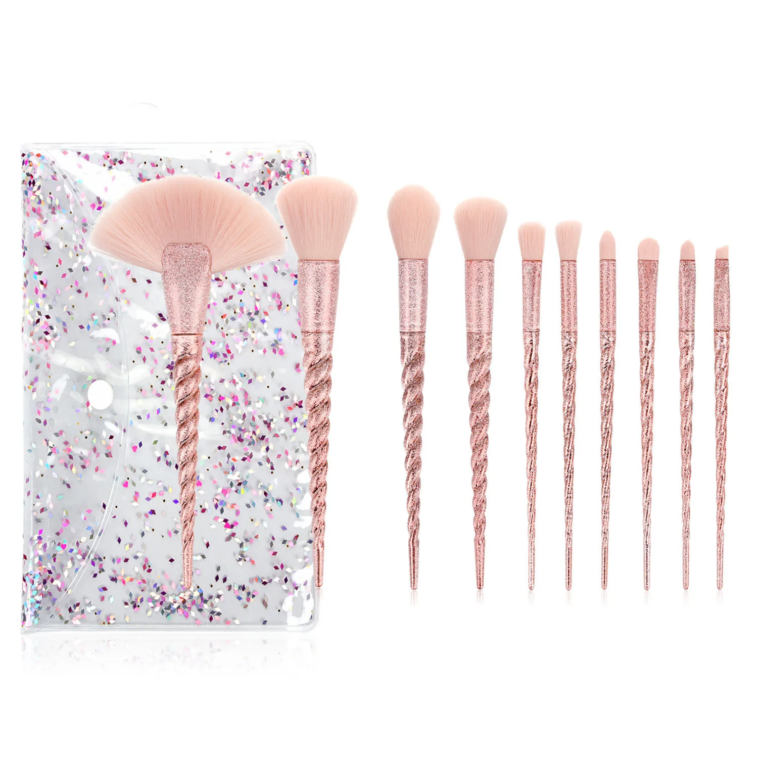 

Factory Sale 10 Pcs Electroplated Spiral Polished Handle Makeup Brushes with Bag, Multiple color