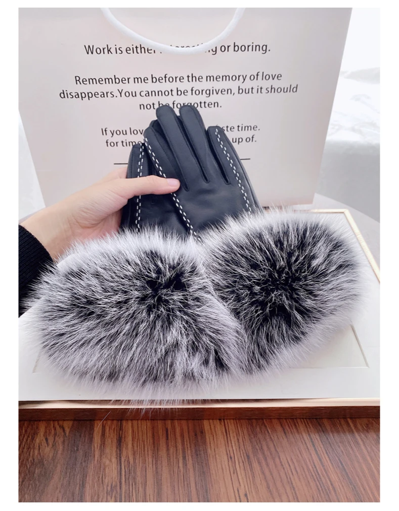 
Ladies winter leather sheep leather warm fox fur stylish and elegant touch screen gloves 