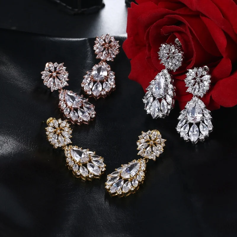 

Luxury Flower Cubic Zirconia Drop Earrings For Women 2021 Trendy Crystal Dangle Tassel Earrings Female Bridal Wedding Jewelry