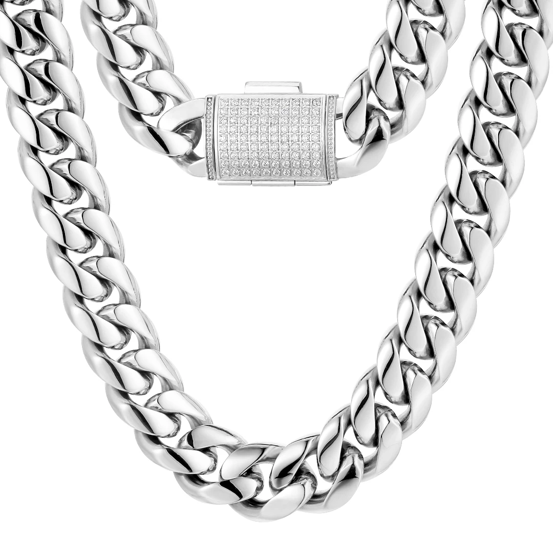 

KRKC Drop Shipping 18mm Silver White Gold Plated Miami Stainless Steel Cuban Link Chain Necklaces Jewelry with Iced Clasp