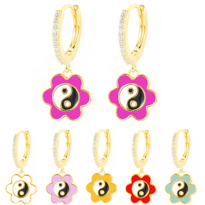 

BS2104 925 Sterling Silver Green Yin Yang Drop Earrings 18K Gold Plated Gossip Tai Chi Flower Hoop Earring Jewelry For Girl