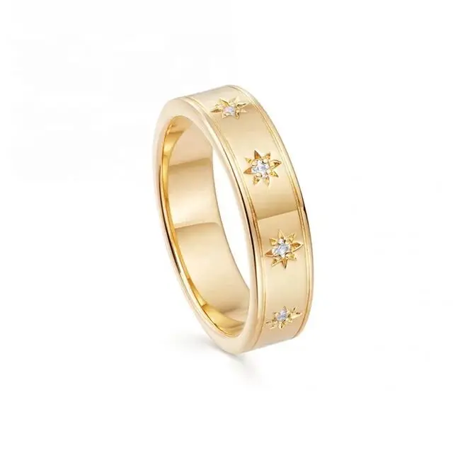 

Gold Plated Classic Fashion Simple Band Ring For Women Northstar Starburst CZ Design Sparking CZ Starburst Signet Ring For Women, Customized