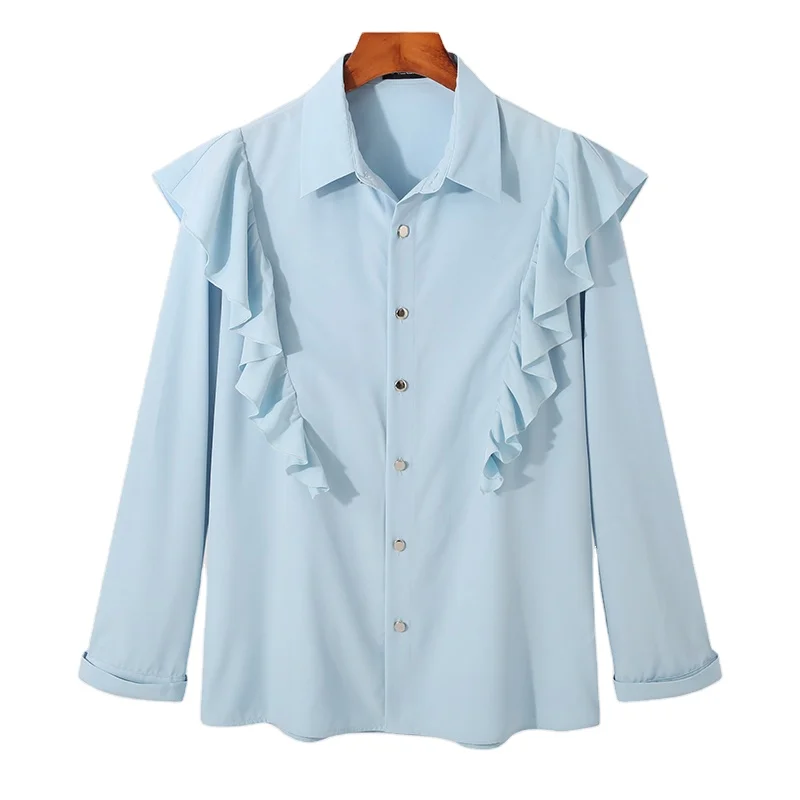 

2022 Fashion Shirt Men Solid Color Lapel Long Sleeve Elegant Ruffle Dress Button Streetwear Casual Shirts Men