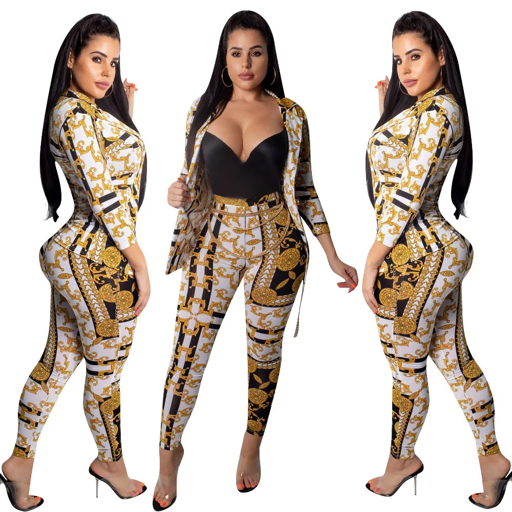 

Amazon Hot sell Women Sexy Golden Color Skinny Club Clothing Sets 2021 New Arrivals Golden Printed Bodycon Leisure 2 Piece Sets