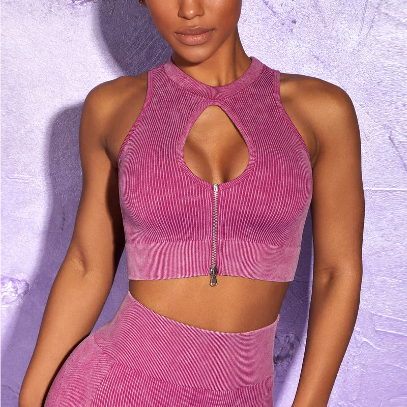 

Custom Logo Quick Drying Women's Sexy Zipper Yoga Top Shockproof High Impact Fitness Workout Clothes Ribbed Seamless Sports Bra