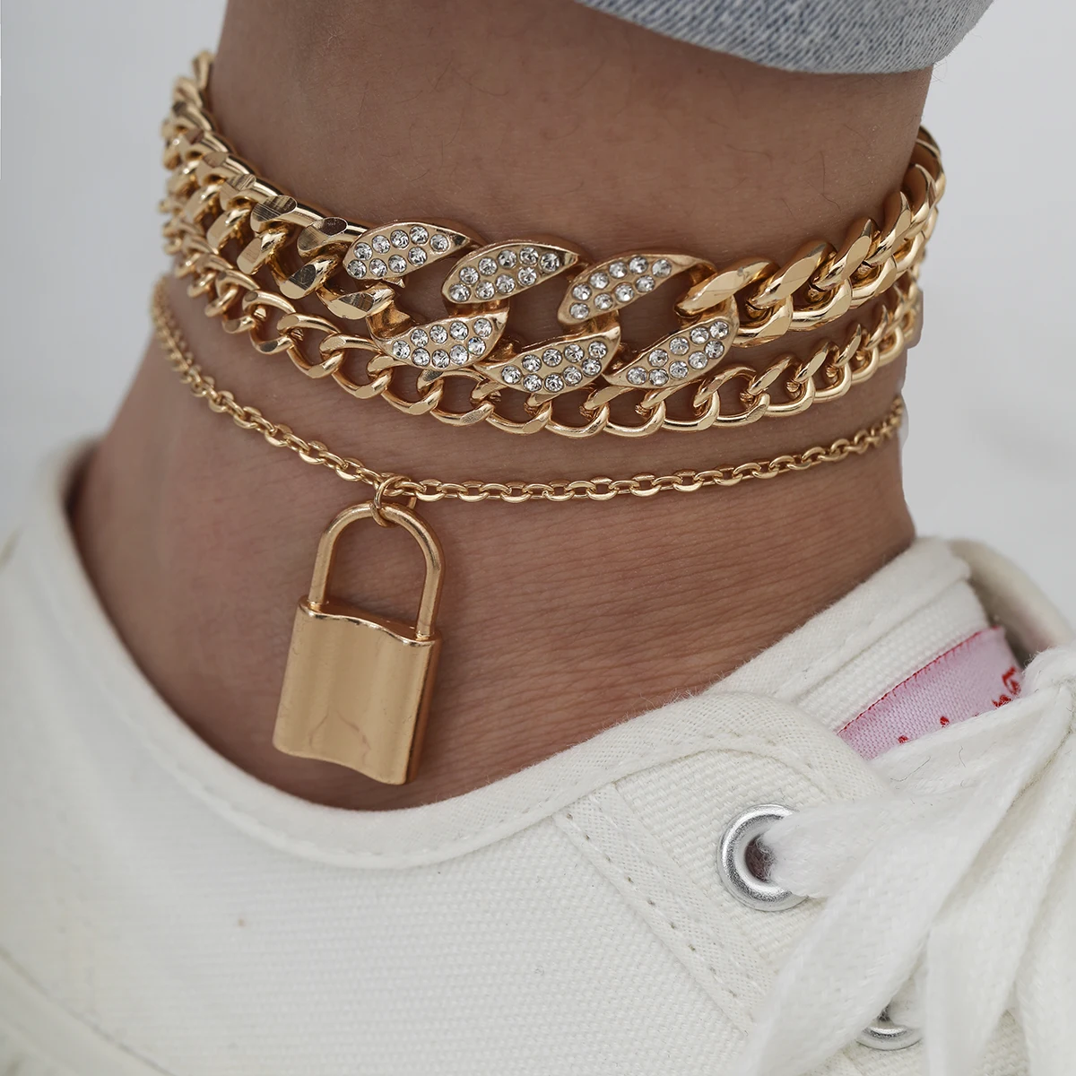 

SHIXIN 3Pcs/Set Bohemian Gold Color Shiny Rhinestone Anklet Chain Jewelry For Women Fashion Crystal Lock Dangle Anklet Gifts, Gold,silver