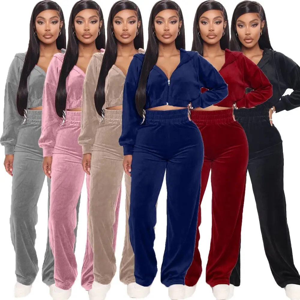 

2020 Trendy Womens 2 Piece Outfits Velvet Hoodies Long Pants Jogging Tracksuit Winter Women Clothing Two Piece Set, 6 colors