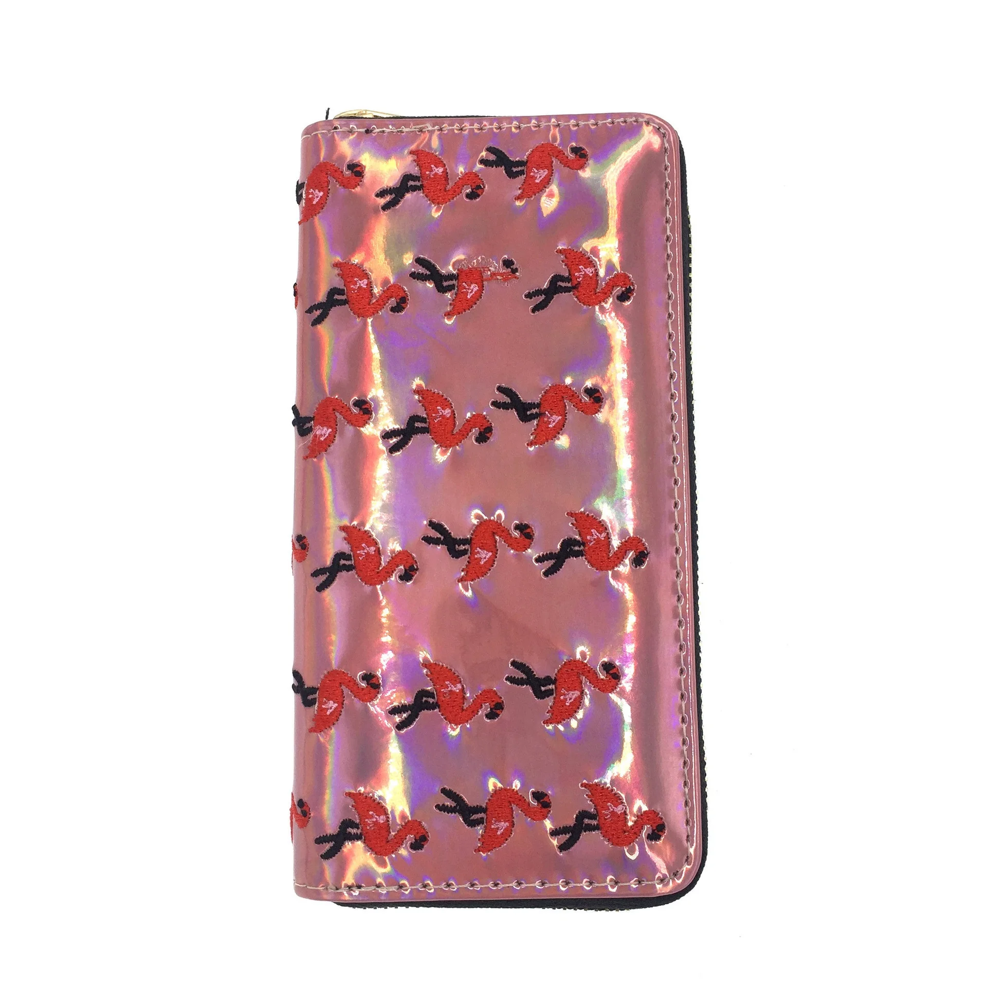 

Hot selling cash payment embroidery Flamingo PU wallet Ladies long single zipper wallet factory ladies purse custom wallet