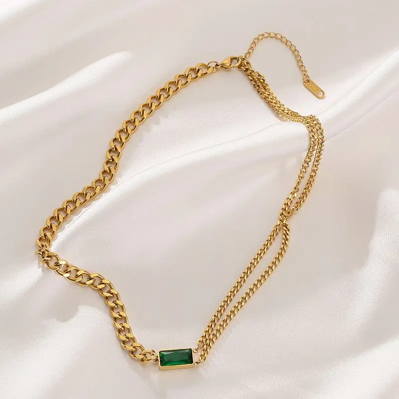 

cuban chain stainless necklaces 18k gold plated green zircon layered trendy turquoise necklace women jewelry sets