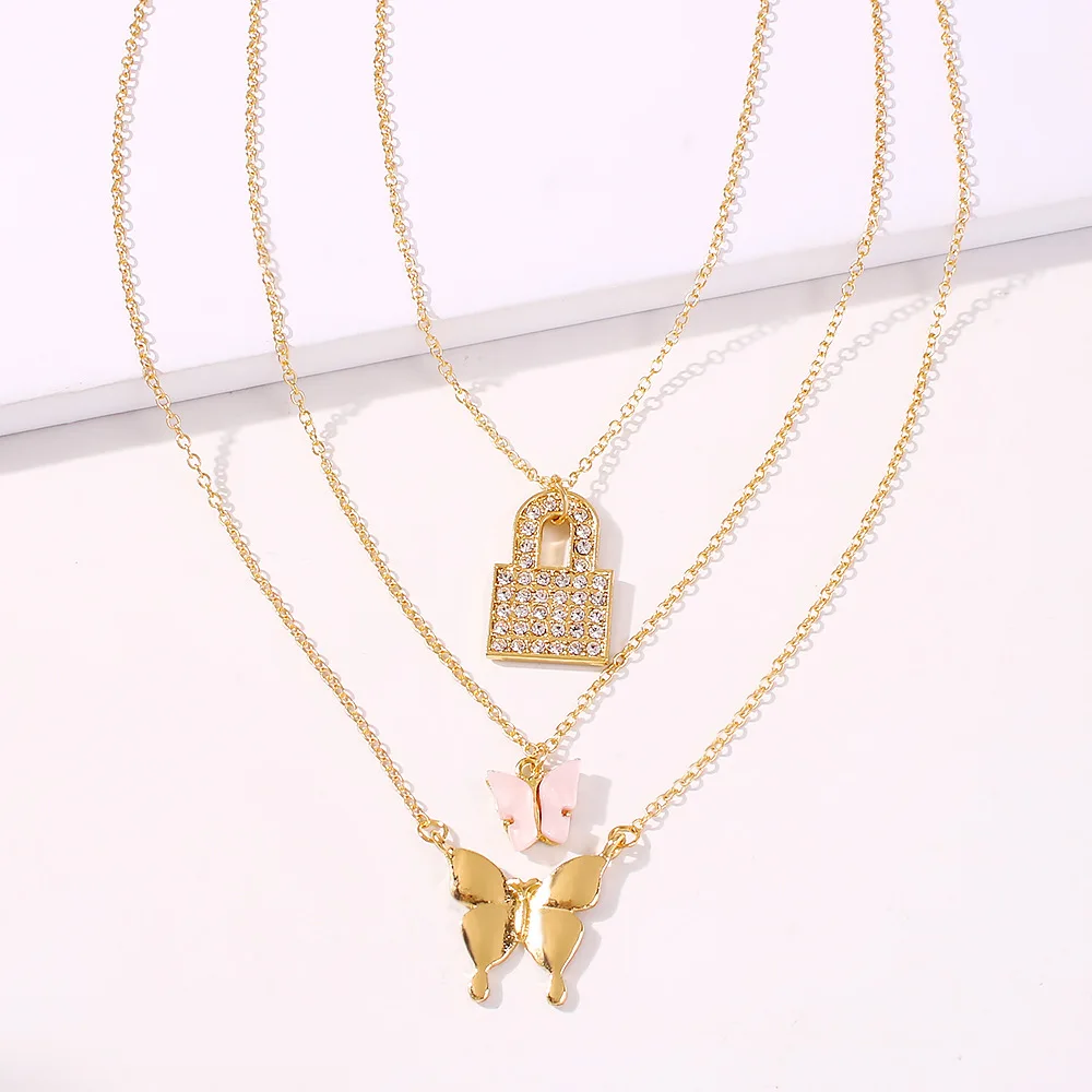 

Trendy Multilayer Lock Butterfly Charm Necklace 3Pcs Set Diamond Lock Animal Butterfly Shaped Pendants Clavicle Chain Necklace, Picture shows