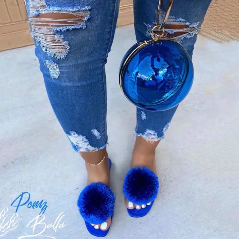 

lady new style fuzzy slide sandals wholesale fur slides and purse comfortable Summer women shoes