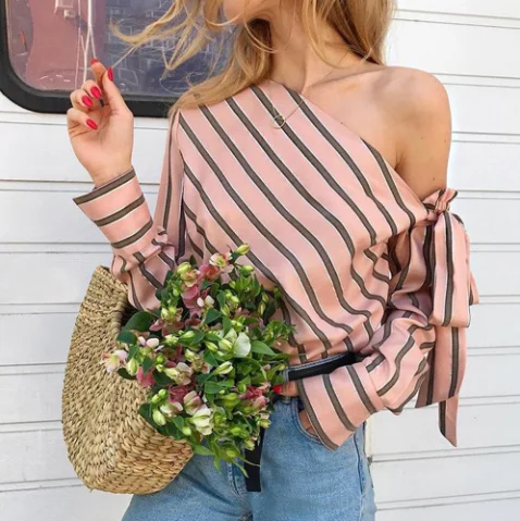 

S2870Summer Women New Striped Loose Blouse Fashion Lady Off Shoulder Lace Up Shirts Female Elegant Tops Blouses Long Sleeve Chic, Picture