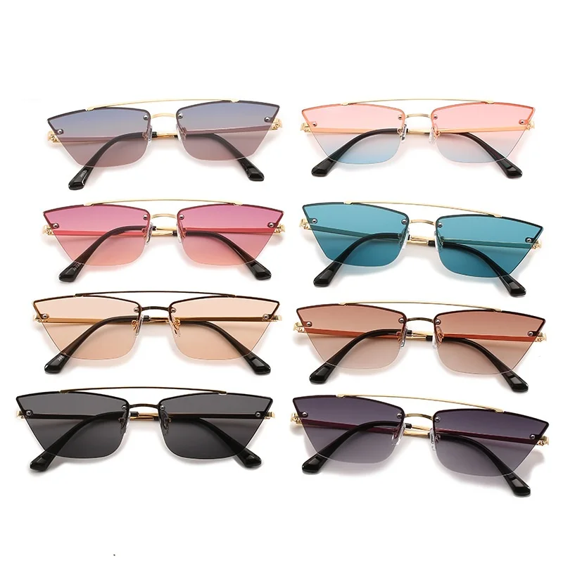 

Trendy Double Beam Women Sunglasses Metal Frame Rimless Sunglasses Fashion Cat Eye Sunglasses Women 2021