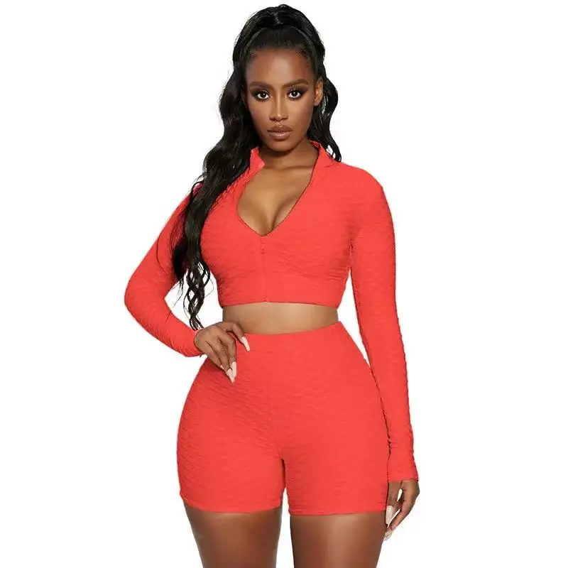 

2021 hot sales Wholesale 5-color knitted solid color zipper shirt and Summer Shorts Set women's fitness and yoga clothes