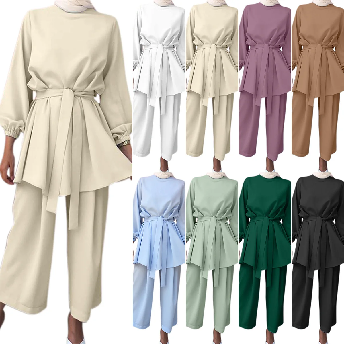 

Muslim Pray Women Arab Suit Fashion Long Sleeve Tops + Wide Leg Pants Islamic Two Piece Set Outfits Female Blouses Women Sets