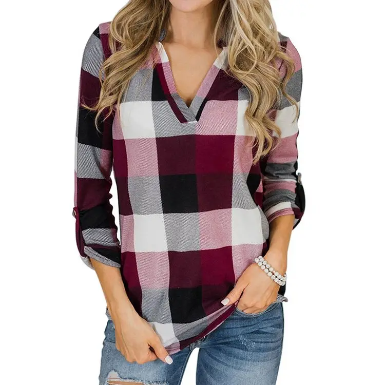 

2020 New Wholesale Autumn V Neck Plaid Long Sleeve Fashion Ladies Tshirt