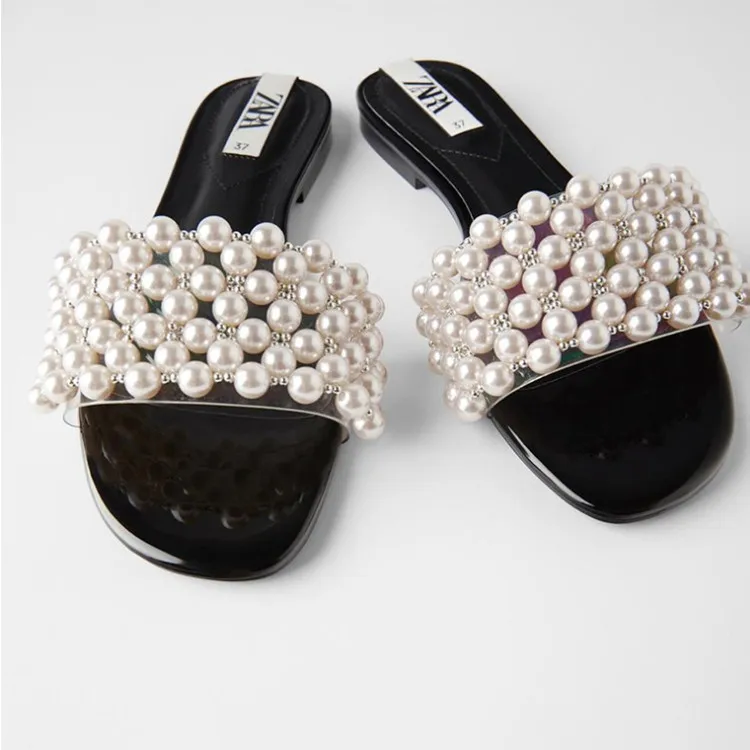 

ZA women's shoe faux pearl embellished flat sandal with peep-toe beaded low-heeled flip-flops resort