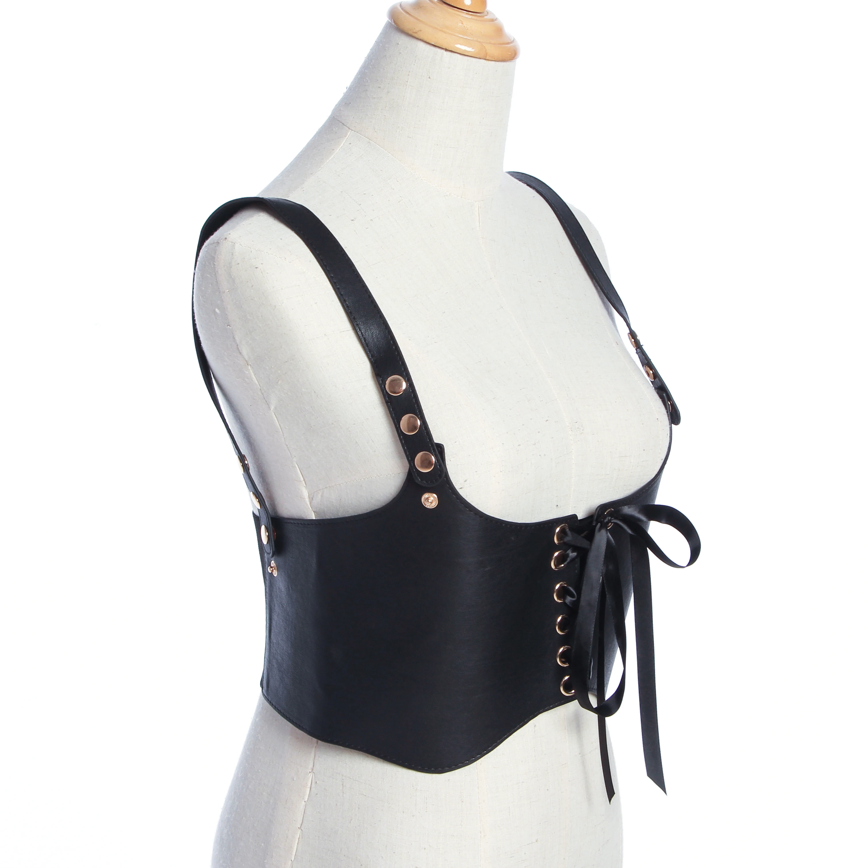 
Black Leather Street Women PU Suspender Adjustable Punk Shirt-front Belt 