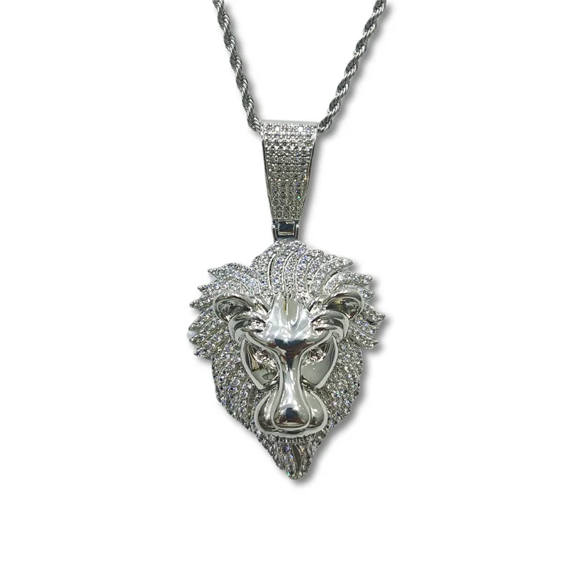 

Quality Brass Crystal Lion Head Pendant Iced Out Hand Setting Lion Charms, Silver