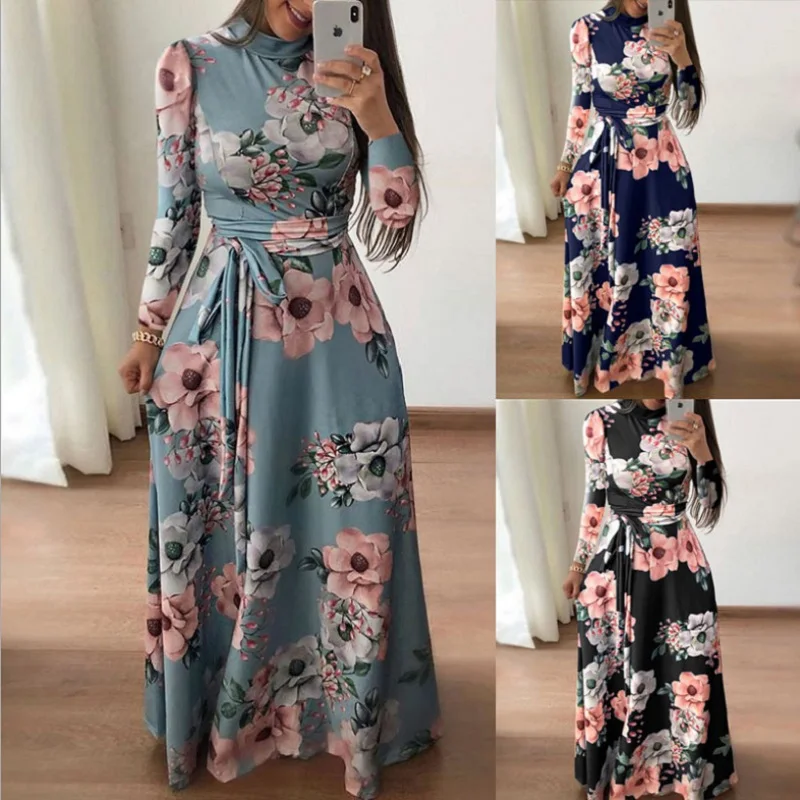 

plus size women clothing flowers print lace-up Maxi Dress O-neck Long Sleeve Casual Women Dress