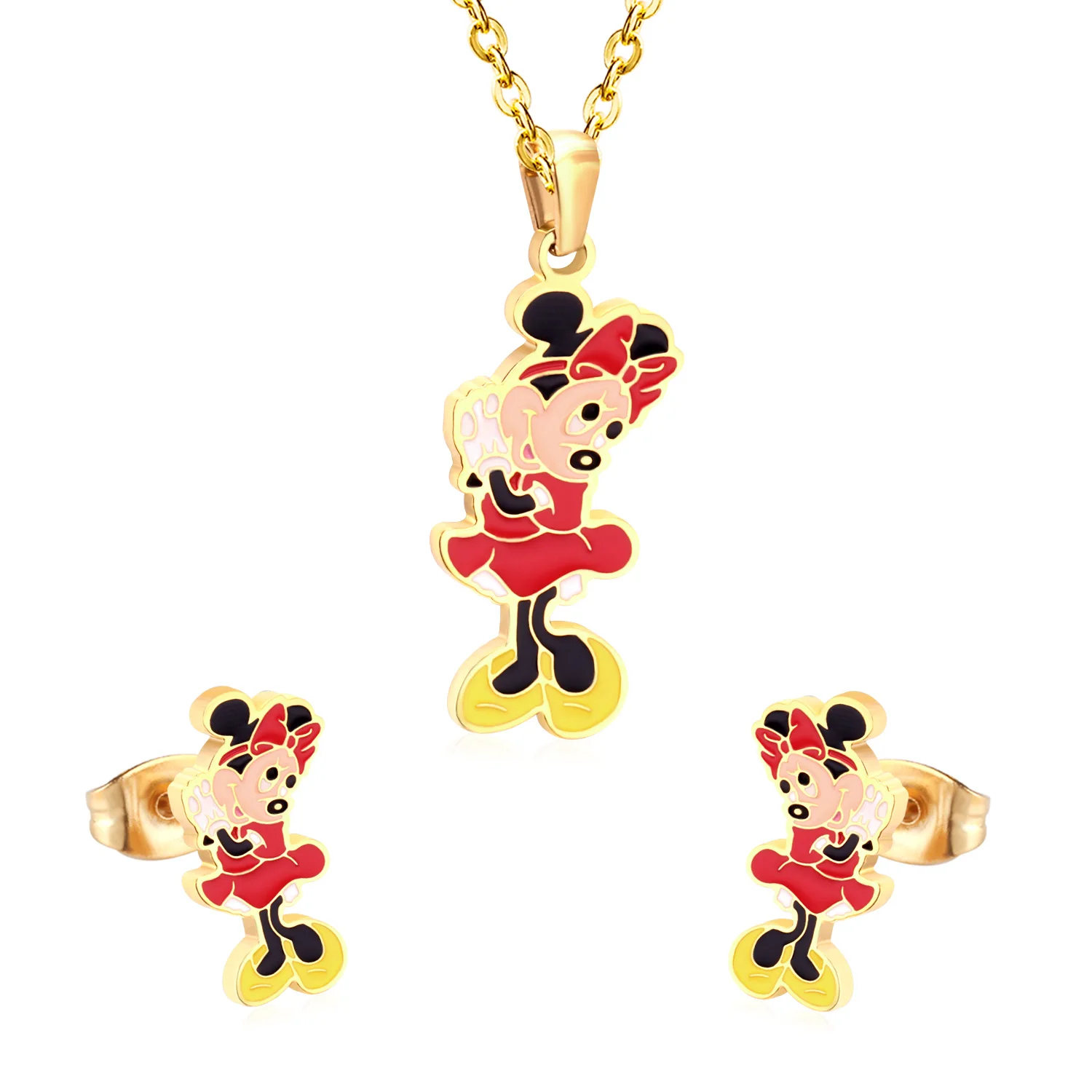 

Cute style stainless steel cartoon jewelry sets 18k gold mickey pendant necklace set, Silver/gold for optional