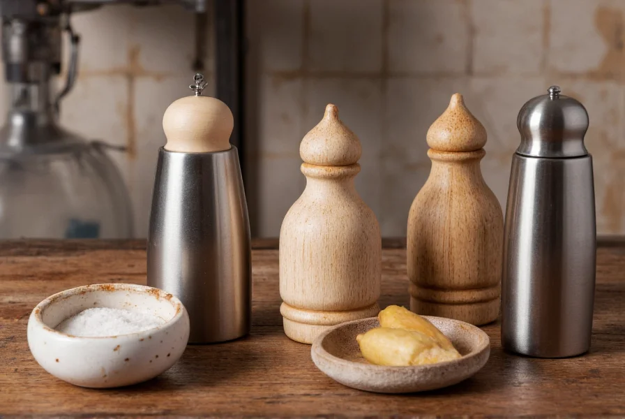 Close-up photography of various salt and pepper sets made from different materials including ceramic, wood, and stainless steel arranged on a rustic wooden table