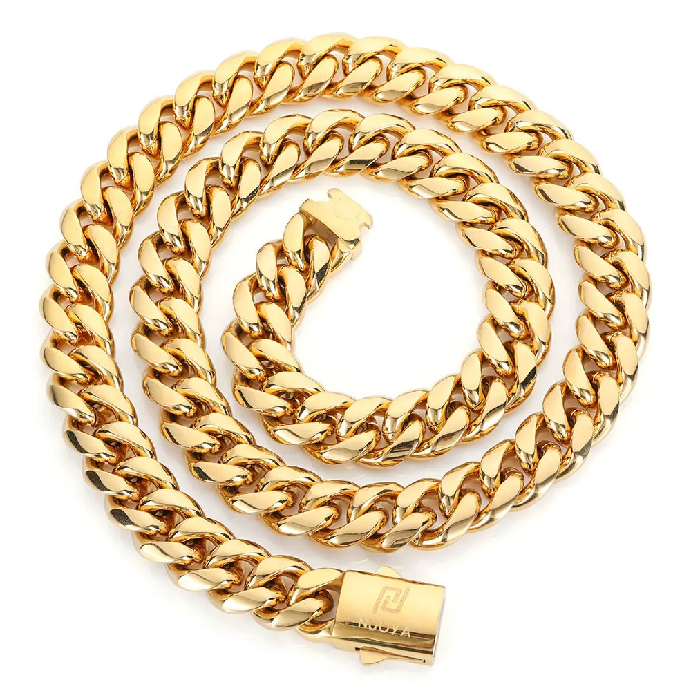 

Nuoya Hip Hop Stainless Steel Custom Cuban Chain Necklace 18K PVD Gold Plated Cuban Link Chain for Men, Silver/gold
