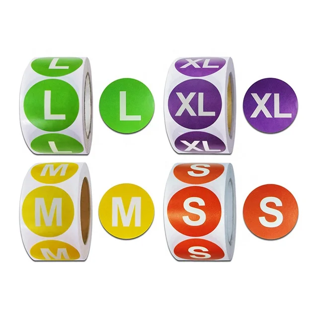

1inch round L XL XXL M S labels colorful coded self adhesive roll for clothing T-Shirts Trousers Skirt apparel size sticker