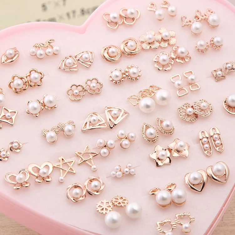 

PUSHI jewelry Hot sale fashion 18 k gold plating small stud earrings set heart box mixed batch 36 pieces pearl earrings women