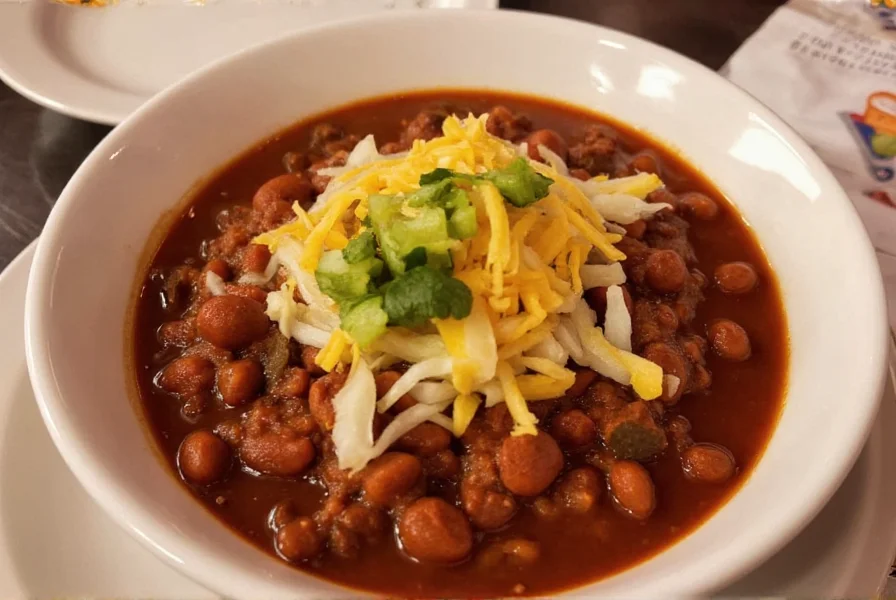 Finished Ben chili served in bowl with traditional toppings
