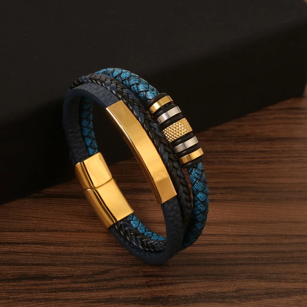 

New Style Handmade Braided Multilayer Leather Bracelet For Men's Stainless Steel Magnetic Clasps Bracelet